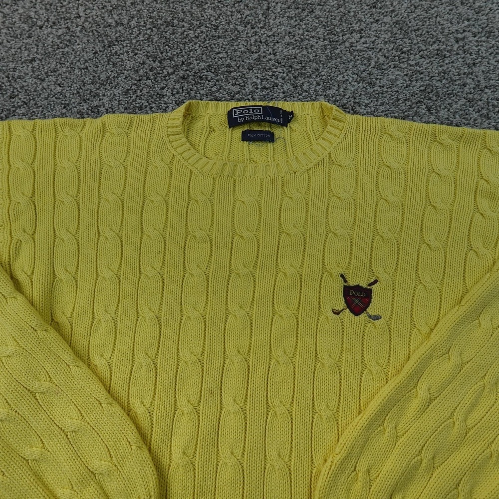 Polo Ralph Lauren Sweater Mens M Yellow Cable Knit Fisherman Crewneck Golf Crest